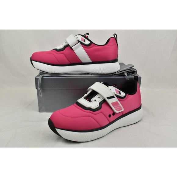 NIB PRADA 3E6322 PINK NYLON WHITE PATENT LEATHER LOW TOP STRAP SNEAKERS 37.5 - Picture 3 of 11